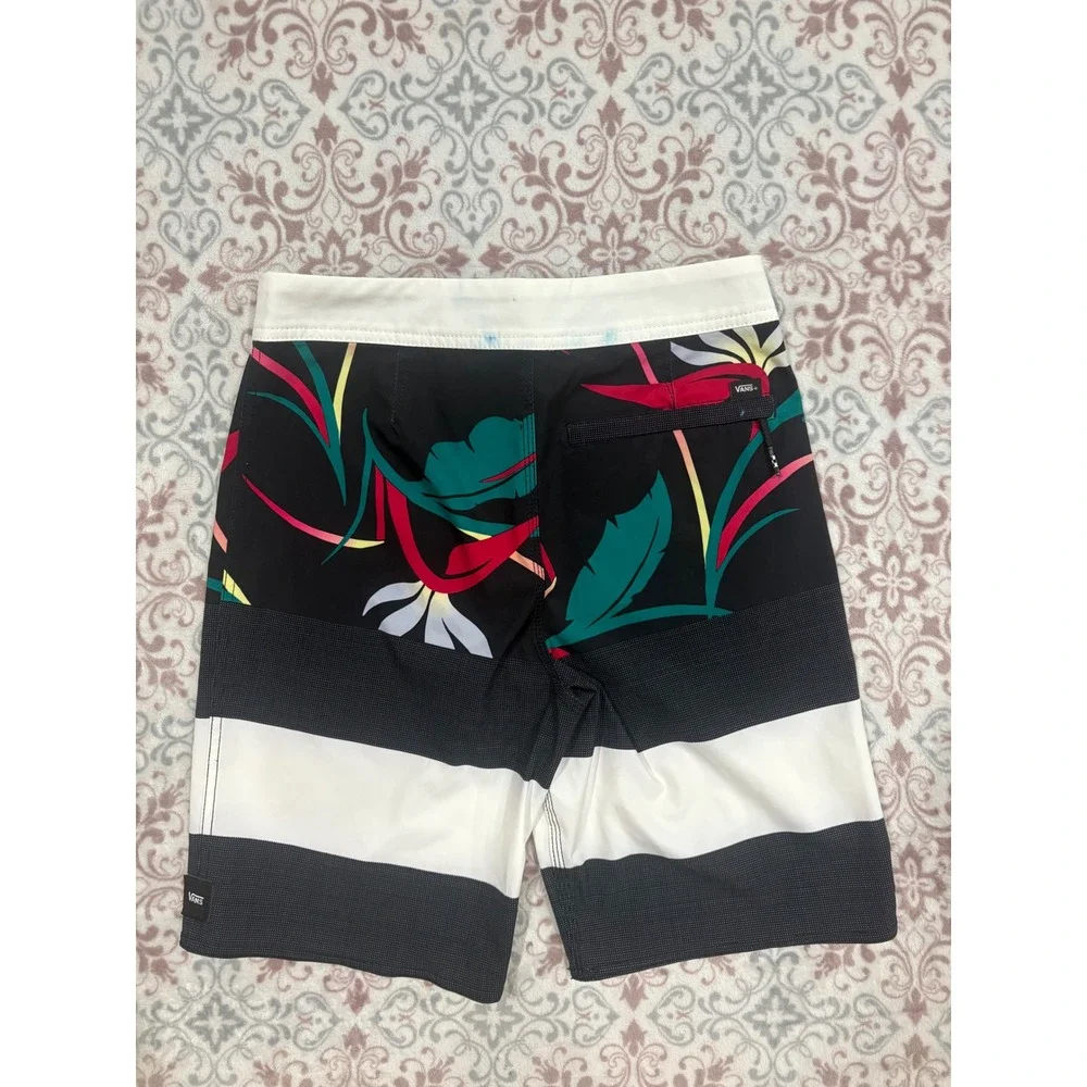 Vans Board Shorts Mens 27 Floral Stripe Bird of Paradise Swim Trunks Black White